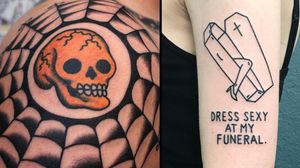 Tattoo on the left by Joel Soos and tattoo on the right by The Magic Rosa #JoelSoos #themagicrosa #mementomoretattoos #mementomori #death #dying #skull #RIP