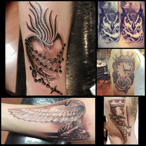 Tattoos by Charlie3am #sacredheart #rosary #owl #angel #crown #pocketwatch #rose #king