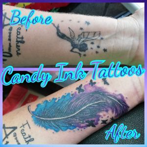Cover up tattoo.l with watercolor feather tattoo#CoverUpTattoos #feathertattoos #mypassion #tattooart 