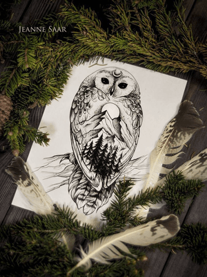 Individual design.  Not available 🌙#tattoo #linework #tattoosketch #sketch #jeannesaar #jeannesaartattoo #naturetattoo #graphictattoos #owl #mountains #forest #scketch #design 