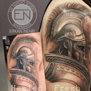 Spartan warrior tattoo by Erkan Nehir #tattoo #tattoos #spartan #tattooartist #erkan #nehir #tattooist #realism #marmaris #entattooartist #realistic #healed #shoulder #ink #inked #black #grey 