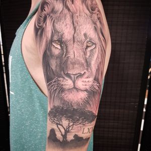 Stunning black and gray tattoo by Dani Mawby featuring a majestic lion and a beautiful tree. A true work of art.