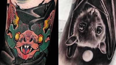 Tattoo on the left by Leonardo Branco and tattoo on the right by Chris Bradbury #ChrisBradbury #LeonardoBranco #battattoos #bat #animal #dracula #vampire #nature #night