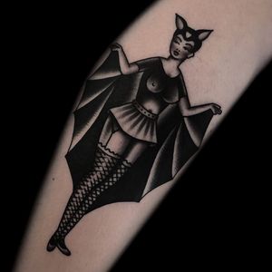 Tattoo by Austin Maples #AustinMaples #battattoos #bat #animal #dracula #vampire #nature #night #blackwork #lady #pinup #costume #halloween