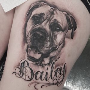 Unique blackwork tattoo of a dog on the upper leg, expertly executed by tattoo artist Dani Mawby.