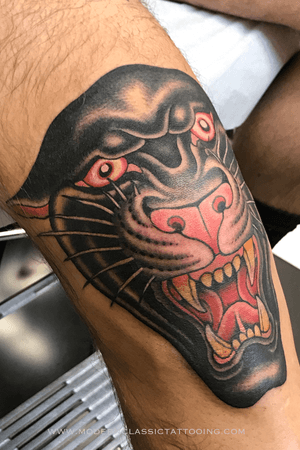 Get a stunning Japanese panther tattoo on your knee in London, GB. Embrace the traditional artistry and fierce symbolism of this iconic design.