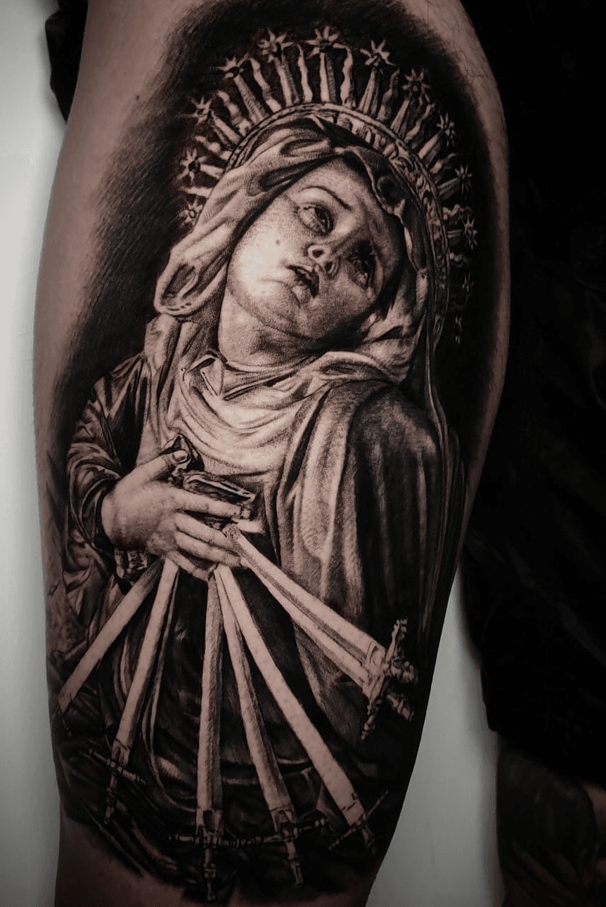 Tattoo uploaded by Dean Hall  Our Lady Of Sorrows Thigh Peice  Tattoodo