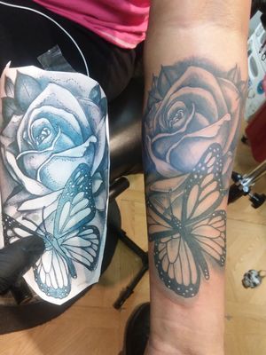 Photo realism butterfly and rose tattoo#TattooSteveD #phucstyxtattoosupply #dynamictattooink #inklifestyle #tattoos #blackandgreytattoos #savagemind #crazydayztattoo4life #steelfangstattoosupply #Quiptattoos 