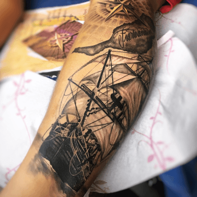 pirate ship tattoo forearm