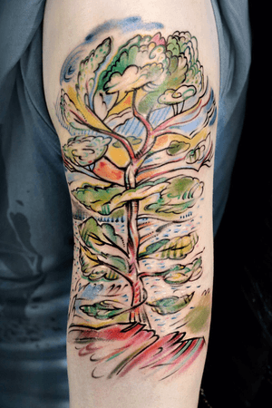 #jackpine #colortattoo #tree #tattoo #tattooartist #halfsleeve #watercolor #watercolortattoo #bodyart @Bartt @Bartt_Tattoo 