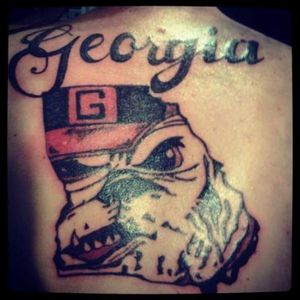 Georgia bulldog in the shape of Georgia on the back. 