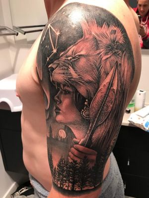 Tattoo done by Danny Truong from Ink Culture, Canley Vale, Sydney, Australia #dannytruong #inkculture #blackandgrey #liontattoo #Goddess #spear #northernlights #godsspear #stars #forest 
