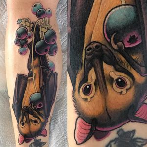 Tattoo by Jacob Wiman #JacobWiman #battattoos #bat #animal #dracula #vampire #nature #night #neotraditional #color #berries #blueberry