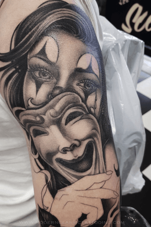 Unique black and gray and new school style tattoo featuring a mysterious woman with a mask, perfect for arm placement in London, GB.