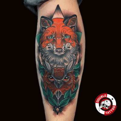 Fox with owl tattoo