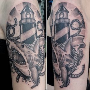 Neo Traditional shark and lighthouse piece for Hana’s first tattoo. Hana has been coming to us for her piercings for a while and finally she was old enough to have her first tattoo. Go big or go home!! Not a peep out of Hana as she sat like an absolute champ!! Thank you Hana for allowing us to give you your first tattoo. We look forward to working with you on your next piece. Next Chapter Tattoo Studio24 Abbotsbury Road Morden SM4 5LQTel: 0203 8374908www.nextchaptertattoo.com#neotraditionaltattoo #blackandgreytattoo #shark #sharktattoo #lighthouse #morden #tattoomorden #custom #customdesign #customart #italiansinlondon #italianartist #italiantattooartist #design #tattoo #tattooink #inkedmag #bodymodification #tattooideas #girlswithtattoos #firsttattoo #newtattoo #neotraditional #neotraditionaltattoos