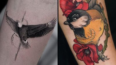 Tattoo on the left by Jefree Naderali and tattoo on the right by Jen Tonic #JenTonic #JefreeNaderali #birdtattoos #birdtattoo #birds #bird #feathers #wings #flying #animal #nature