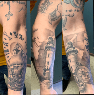 Sleeve tattoo- lighthouse, compass, ship, map.  Tattoo artist instagram- @Shallo_tattoo_kiing2