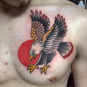 Tattoo by Alice SB #AliceSB #birdtattoos #birdtattoo #birds #bird #feathers #wings #flying #animal #nature #traditional #eagle #baldeagle #chesttattoo