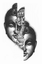 Buddah/skull split. Avaialbe to be tattooed. 