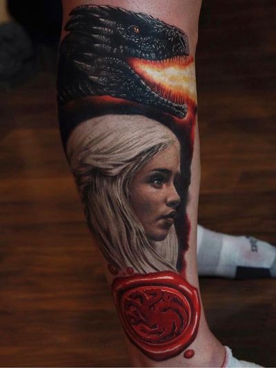 Game of Thrones tattoo by Rich Pineda #RichPineda #GameofThrones #GameofThronestattoo #GoT #GoTtattoo #HBO #tvshowtattoo #popculturetattoo #daenerystargaryen #dragon #MotherOfDragons