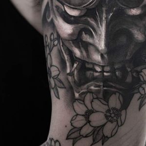 in progress 50% i am tattoohell #tattoo #tattoodo #blackandgreytattoo #blackandgray #samuraitattoo #hanyamask #KoreanArtist #torontotattoo 