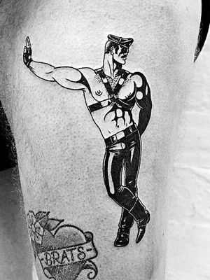 Thigh tattoo by Teddy Cook #TeddyCook #TomofFinlandtattoos #TomofFinlandtattoo #TomofFInland #leather #kink #queer #gayculture #leatherdaddy #portrait #men