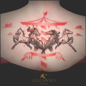 "The Carousel" Let the horses run free.For any tattoo enquiry, please contact me directly on Facebook.#caledoniatattoo #graphictattoo #tattoodo #tattoo #illustration #illustrationtattoo #ink #inked #horses #dotwork #tattooartist #art