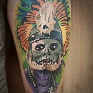 "Call of Xolotl"🌘Really enjoyed doing this #aztec #warrior 💀 Thank you @lovingthemuffin 🖤#MrWhiteSnakeTattoo #worldfamousink #tattoosocial #Bakutattoo #tattoouk #art #tattoo #inked #ink #tatuaz #portsmouth  #southamptontattoo #southampton #krakow #poland #hampshiretattoo #tattooed #tattoos #tattooartist #design #tattoodesign #tattooidea #aztecwarrior #skull #headdress #xolotl #aztectattoo #warriortattoo