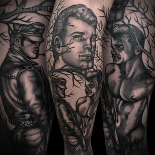 Tatuaje en la manga de Phil Hatchet Yau #PhilHatchetYau #TomofFinlandtattoos #TomofFinlandtattoo #TomofFInland #leather #kink #queer #gayculture #leatherdaddy #portrait #men