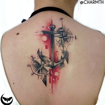 Its true that its easier to steer to the directions that bring pleasure to us, but it is through pain and discomfort that we learn the most. a custom anchor for Jazz #anchor #compass #shipswheel #Abstracttattoo #blackandred #sketchytattoos #illustrative #charmth #backtattoos #welove #Tattoodo #abstract #linework #geometry #sketchy #colored #spine #back #bold