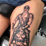 Thigh tattoo by Christian Biede #ChristianBiede #TomofFinlandtattoos #TomofFinlandtattoo #TomofFInland #leather #kink #queer #gayculture #leatherdaddy #portrait #men