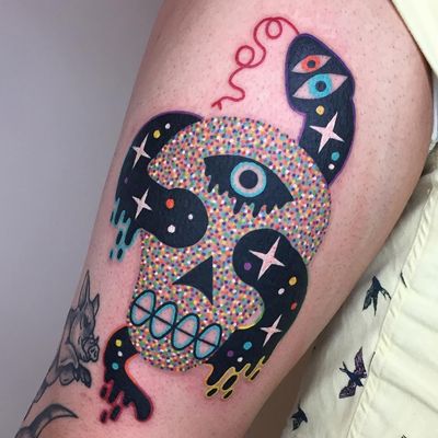 Psychedelic tattoo by Winston the Whale #WinstontheWhale #GoodStuffTattoo #tattooart #fineart #newschooltattoo #traditionaltattoo #colortattoo #psychedelic #folkart #popart #skull #snake #thirdeye