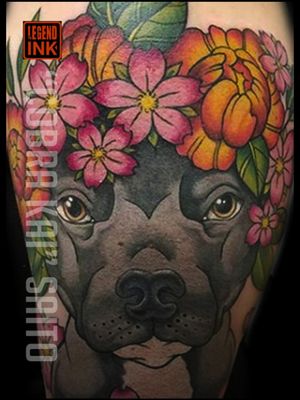 Pitbull and flowers by Cobra Kai at Legend Ink Email for appointments CobraKai@Legendink.com