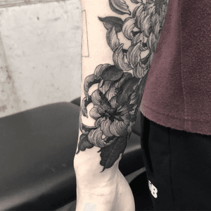 Cover up and another chrysanthemum add on. Different angle. #blackwork #dotwork #armtattoo #chrysanthemum #flower #coverup 