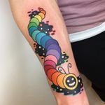 Psychedelic tattoo by Winston the Whale #WinstontheWhale #GoodStuffTattoo #tattooart #fineart #newschooltattoo #traditionaltattoo #colortattoo #psychedelic #folkart #popart #caterpillar #smile #rainbow