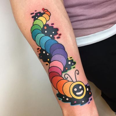 Psychedelic tattoo by Winston the Whale #WinstontheWhale #GoodStuffTattoo #tattooart #fineart #newschooltattoo #traditionaltattoo #colortattoo #psychedelic #folkart #popart #caterpillar #smile #rainbow