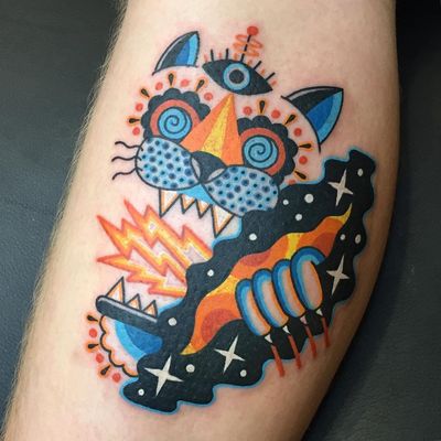 Psychedelic tattoo by Winston the Whale #WinstontheWhale #GoodStuffTattoo #tattooart #fineart #newschooltattoo #traditionaltattoo #colortattoo #psychedelic #folkart #popart #cat #stars #eye