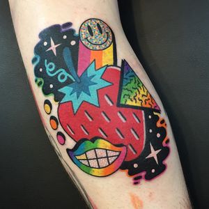 Psychedelic tattoo by Winston the Whale #WinstontheWhale #GoodStuffTattoo #tattooart #fineart #newschooltattoo #traditionaltattoo #colortattoo #psychedelic #folkart #popart #smile #strawberry