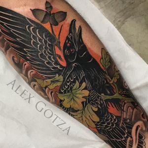 Tattoo by #AlexGotza .Powered by @Kwadron @Sunskin @Balmtattoo #neotraditional #neotrad #crow #skg #colortattoo