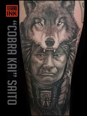 Wolf and native American by Cobra Kai at Legend Ink Email for appointments CobraKai@Legendink.com
