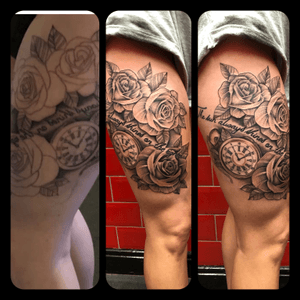 Rework by kieran, customer wasnt happy with previous tattoo artists work #tattoo #tattoos #tattooist #blackandgrey #roses #pocketwatch 