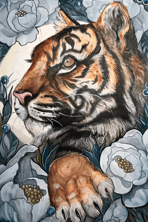 Tiger commissioned watercolour and ink piece #tiger #art #painting #ink #watercolour #colour #floral #liverpool #badsandy #illustrative #illustration 