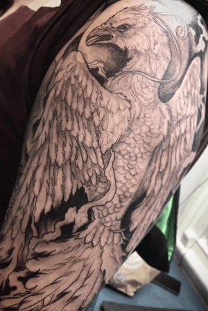 Freehand black and grey pheonix, one session to go
