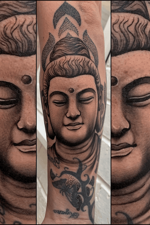 Fun buddah design. #buddha #tattooartist #bnginksociety #realism #tattooart #forearm 