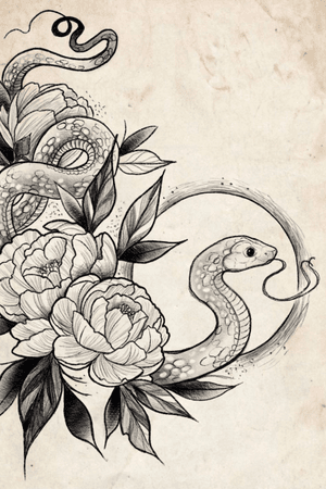 Snake and peonies , available on colour or black and grey. Be great on an arm or a thigh!