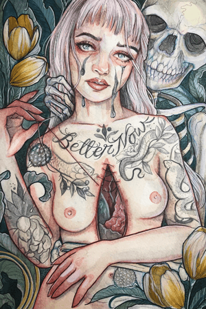 ‘Better now’ available to tattoo, created with watercolour and ink. I’m takibg requests for more babes inspired by songs and artists, DM with your ideas! Prints available on website                 #betternow #postmalone #watercolour #ink #painting #girl #illustrative #neotraditional #snakes #art #liverpool #music #badsandy #illustration