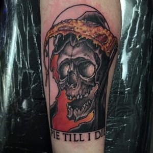 My first tattoo. " Pie Till I Die" from  F.I.N.A.O Ink in North Providence R.I. Artist Arron Packard. 