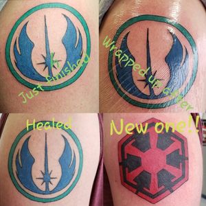 STAR WARS!!  Came and got the the Jedi Order tattoo a few months ago, so i snagged a healed photo when he came in to get the Sith Empire one.Message me to setup your next tattoo.Please like and follow me @tattooedbyjesseFB, IG, SC, pinterest, tumblr, twitter, tattoodo app, and for my artist page; www.facebook.com/tattooedbyjesse#TattooedByJesse #ComeGetSomeInk #LoyaltyTattooCompany #DynamicBlack #Fusioninks #EternalInks #Tattoo #Tattoos #MichiganTattooArtists #MichiganPiercers #Tattooed #CheyenneTattooMachine #Cheyenne #StarWars #RebelOrder #Rebel #order #SithEmpire #Sith #Empire #fresh #finished #healed #healedtattoo #blue #green #red #black #starwars 