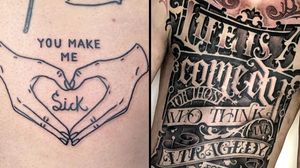 Tattoo on the left by The Magic Rosa and tattoo on the right by Sam Taylor #SamTaylor #TheMagicRosa #letteringtattoos #lettering #text #font #type #calligraphy #script #letters #quotes #words